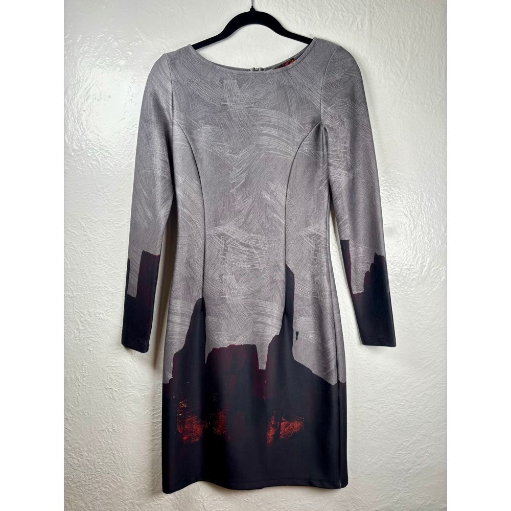 Isle by Melis Kozan Grey Black Abstract Graphic Print Sheath Dress Small